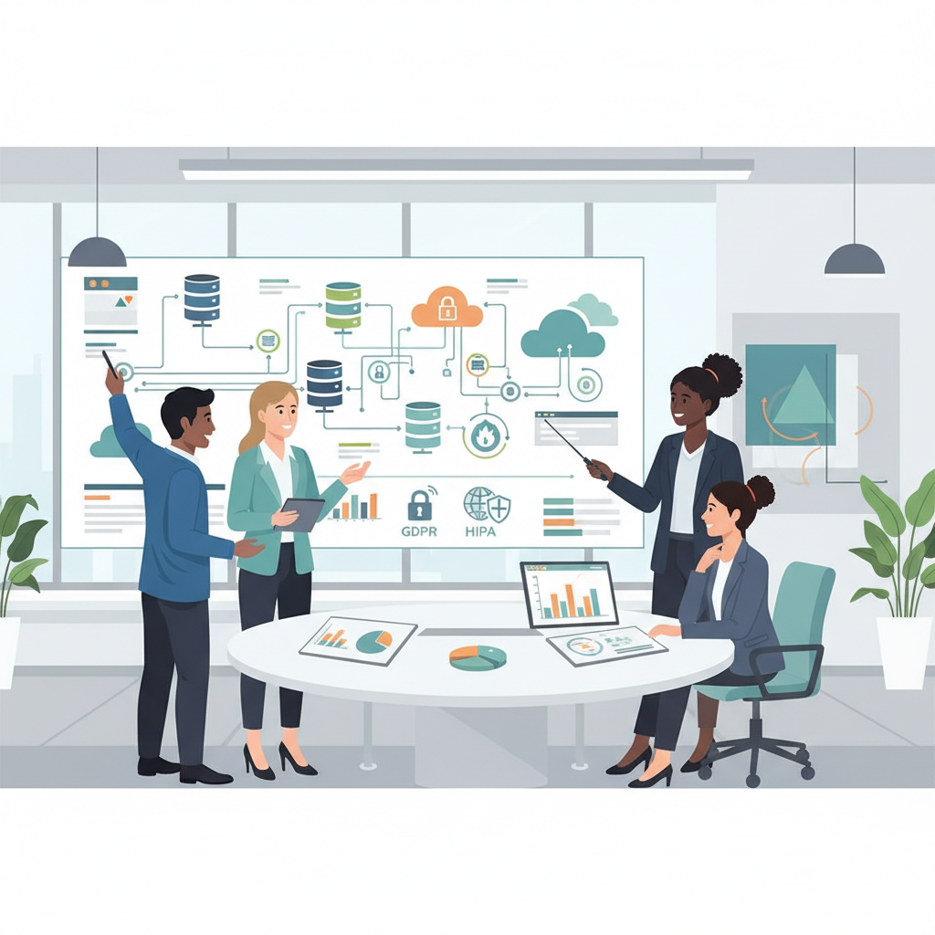A diverse group of IT professionals, one pointing to a cloud architecture diagram on a whiteboard, discussing compliance regulations and data sovereignty with a business client. The setting is a modern, collaborative office.