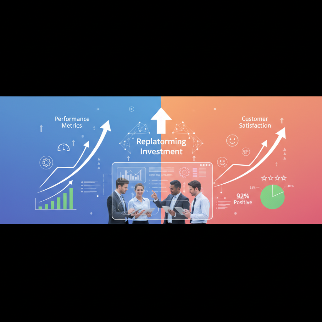 A graph showing increasing performance metrics and customer satisfaction ratings, with a team analyzing data on screens, illustrating the positive impact of a successful replatforming investment.