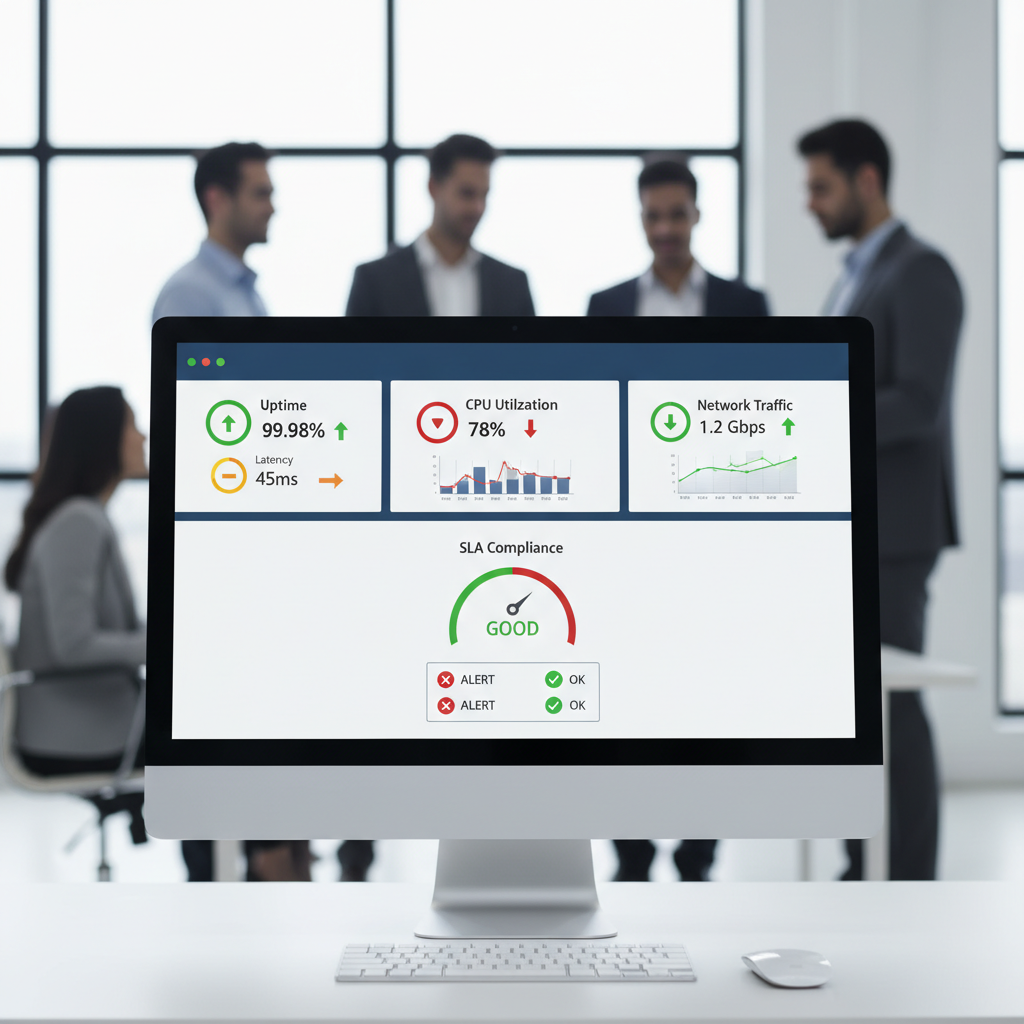 A dashboard showing various cloud service metrics like uptime, latency, CPU utilization, and network traffic, with red and green indicators for SLA compliance.