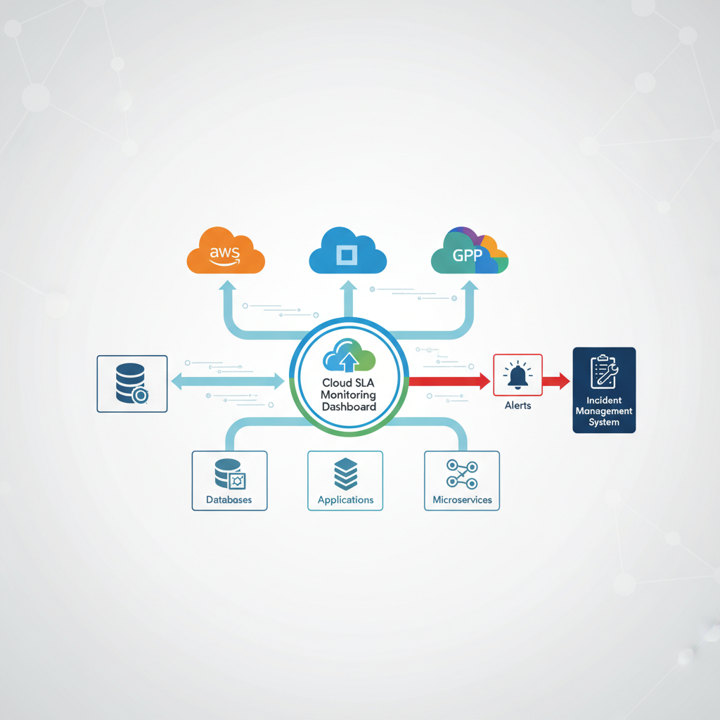 A complex diagram showing various cloud services (AWS, Azure, GCP), applications, and databases connected to a central Cloud SLA monitoring dashboard, with alerts integrating into an incident management system.