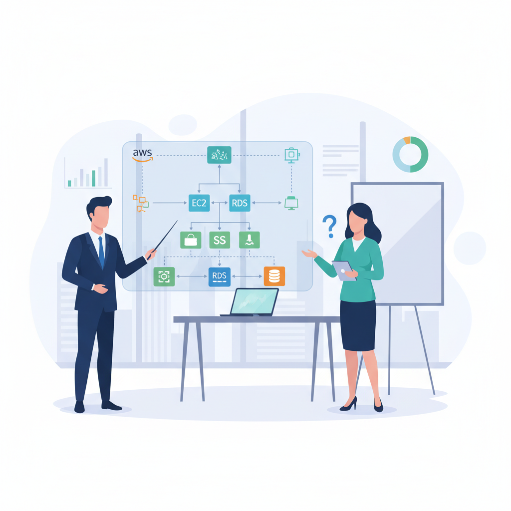 En konsult f&ouml;rklarar komplexa AWS-arkitekturer f&ouml;r en kund vid ett m&ouml;te i ett modernt kontor, med en dator och whiteboard i bakgrunden.