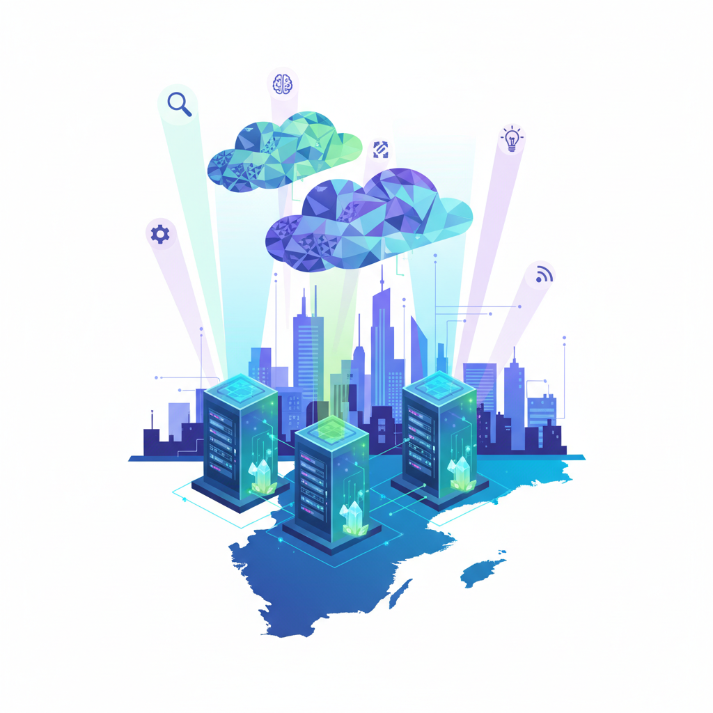 En futuristisk illustration av datacenters och molninfrastruktur, med str&aring;lar som symboliserar datafl&ouml;de och innovation, mot en bakgrund av Sveriges siluett.