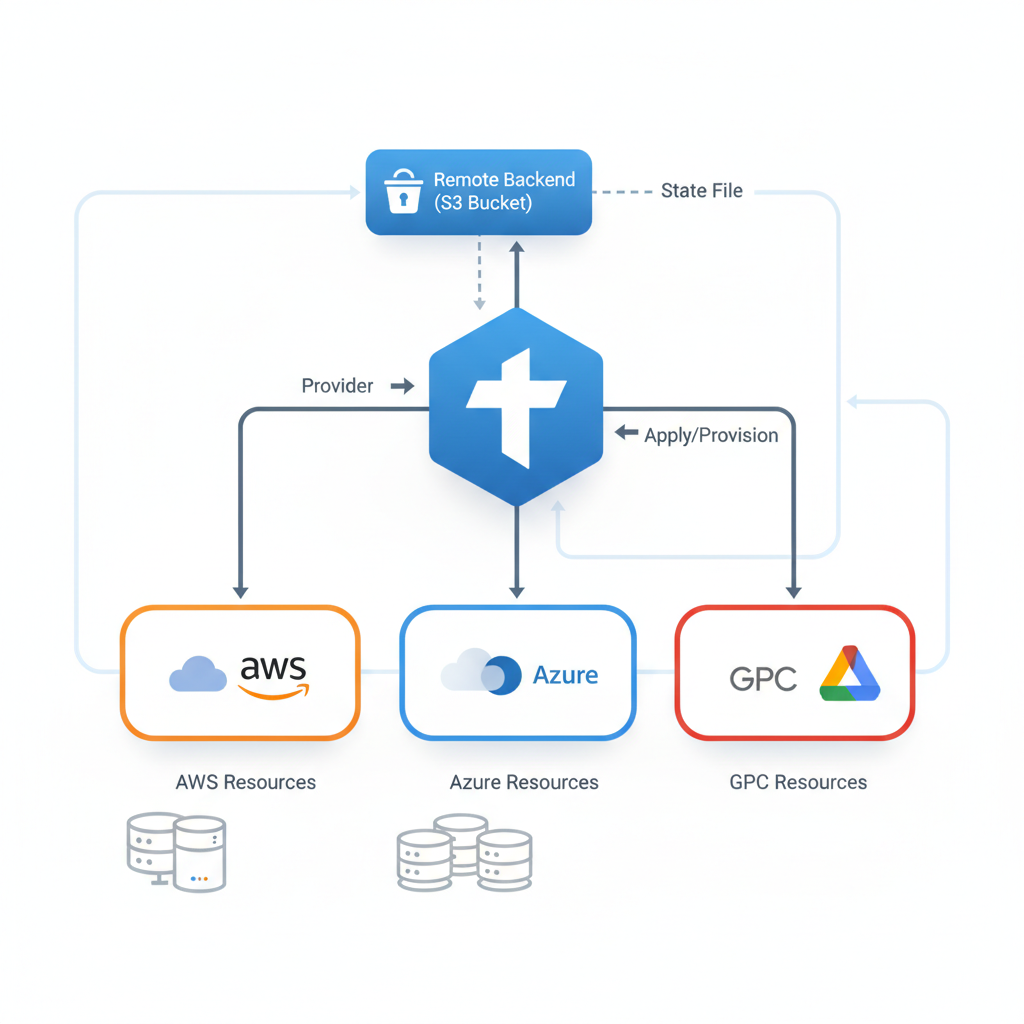 A diagram showing Terraform interacting with multiple cloud providers (AWS, Azure, GCP) through separate providers, with a central Terraform state file stored securely in a remote backend like an S3 bucket, illustrating a multi-cloud IaC setup.