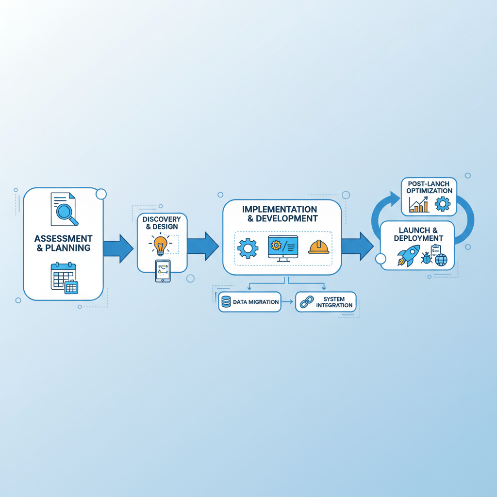 A flowchart illustrating the key phases of a digital replatforming strategy, from assessment and planning to execution and post-launch optimization, with arrows indicating the flow between stages.