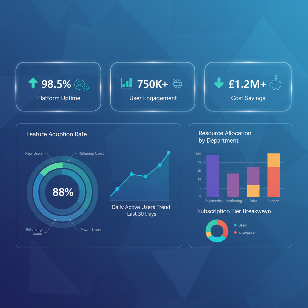 A dashboard displaying various KPIs related to platform performance, user engagement, and cost savings, with charts and graphs illustrating trends over time.