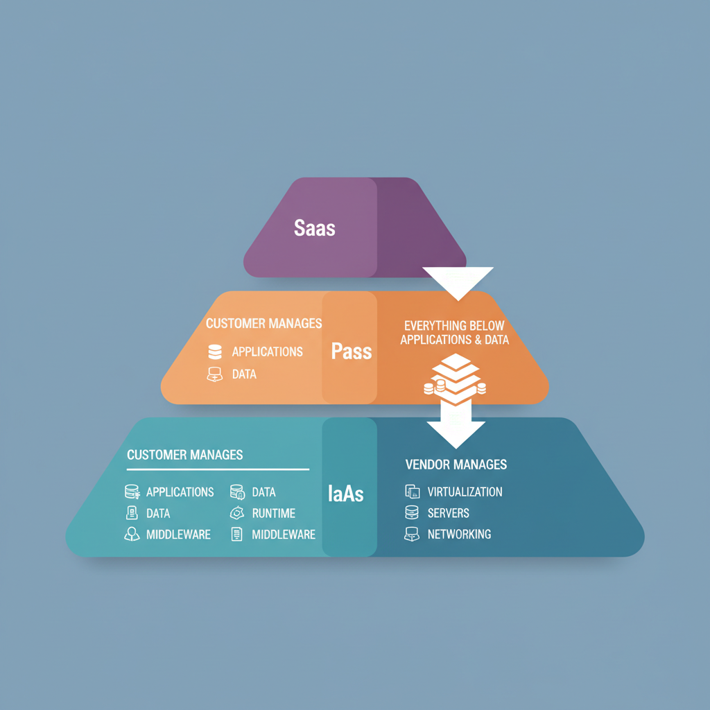 A diagram showing the three cloud service models (IaaS, PaaS, SaaS) stacked on top of each other, with each layer illustrating what the customer manages and what the vendor manages. IaaS shows the customer manages applications, data, runtime, OS, middleware, while the vendor manages virtualization, servers, storage, networking. PaaS shows the customer manages applications and data, with the vendor managing everything below. SaaS shows the vendor manages everything.