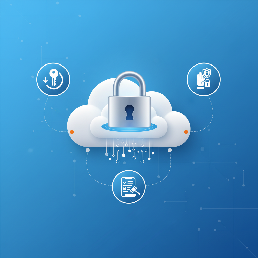 A conceptual diagram illustrating cloud security layers, showing a padlock icon over a series of interconnected cloud shapes, with smaller icons representing data encryption, access control, and compliance regulations surrounding the central cloud infrastructure.