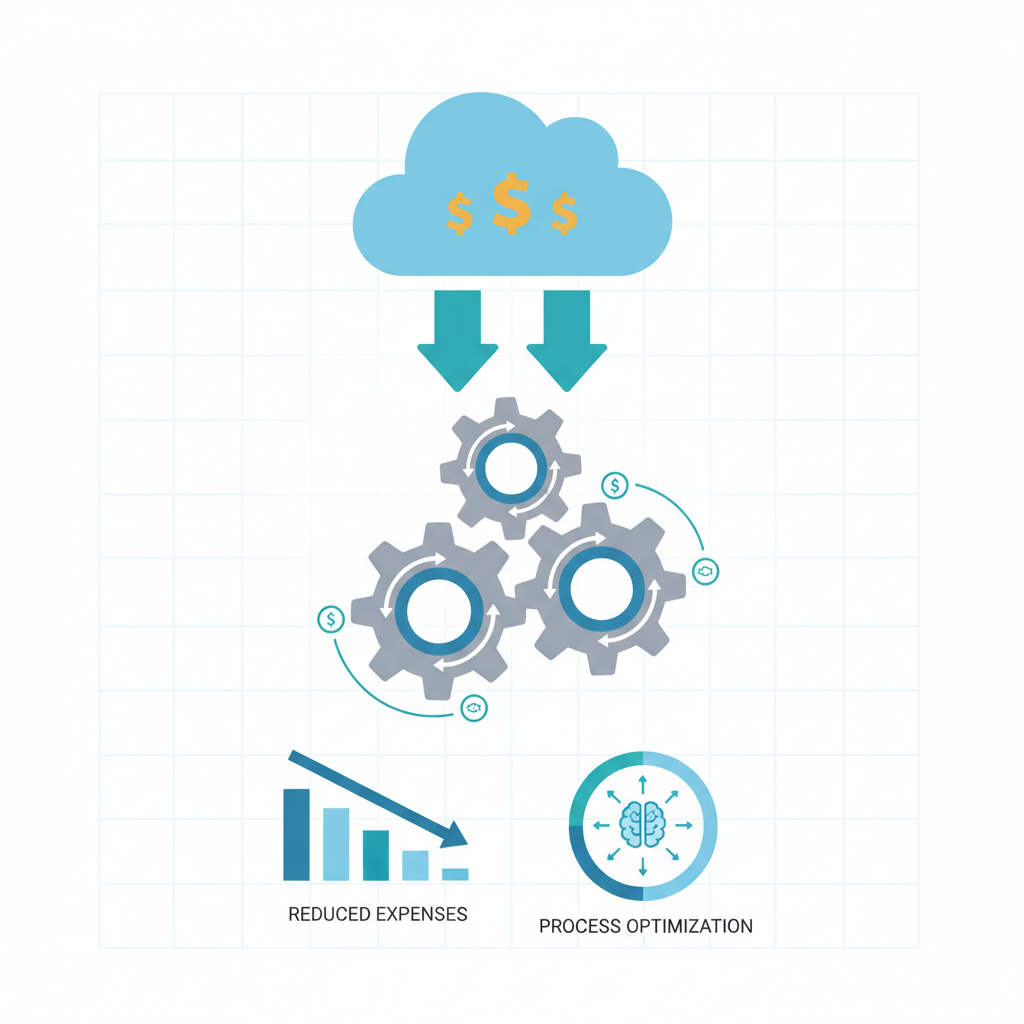An infographic showing a cloud with dollar signs, arrows pointing downwards indicating cost reduction, and gears representing optimization processes.
