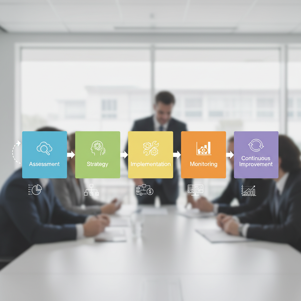 A flowchart illustrating the typical phases of cloud cost optimization: Assessment, Strategy, Implementation, Monitoring, and Continuous Improvement.