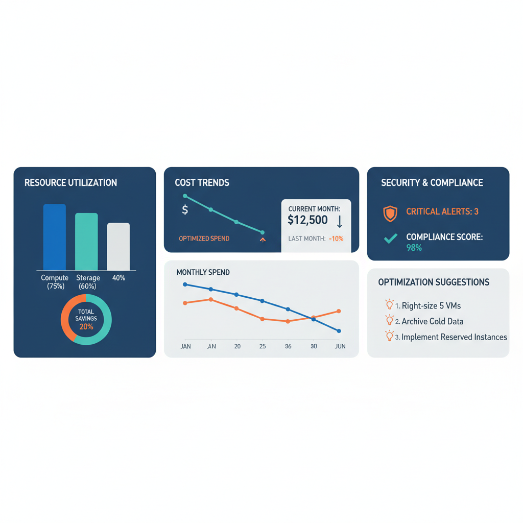 A dashboard showing various metrics related to cloud resource usage, cost trends, and security alerts, with an emphasis on optimization suggestions.