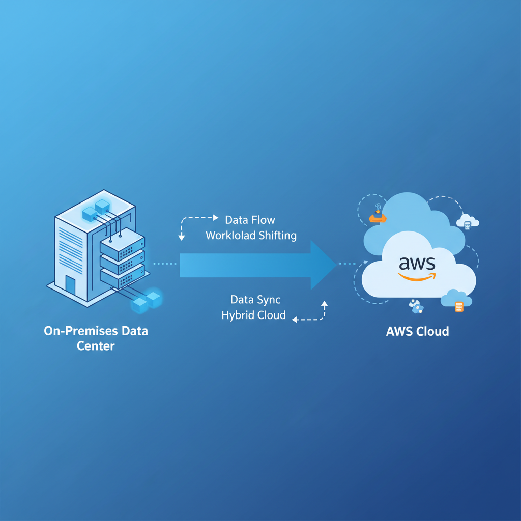 A diagram showing data flowing between an on-premises data center represented by servers in a building, and the AWS cloud represented by interconnected cloud icons, with arrows indicating bidirectional data movement and workload shifting.