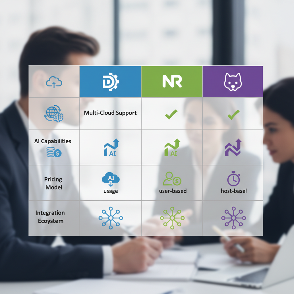 A comparison table showing features of three different cloud SLA monitoring software solutions (e.g., Dynatrace, New Relic, Datadog), highlighting aspects like multi-cloud support, AI capabilities, pricing model, and integration ecosystem.