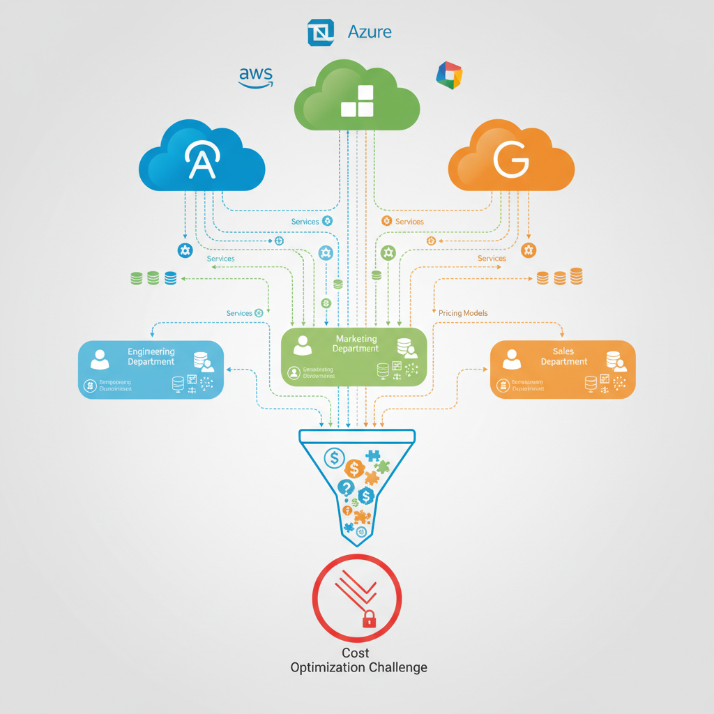 An infographic illustrating the complexity of multi-cloud cost management, showing multiple cloud providers (AWS, Azure, GCP) with overlapping services, different pricing models, and various departments accessing resources, all funneling into a central cost optimization challenge.