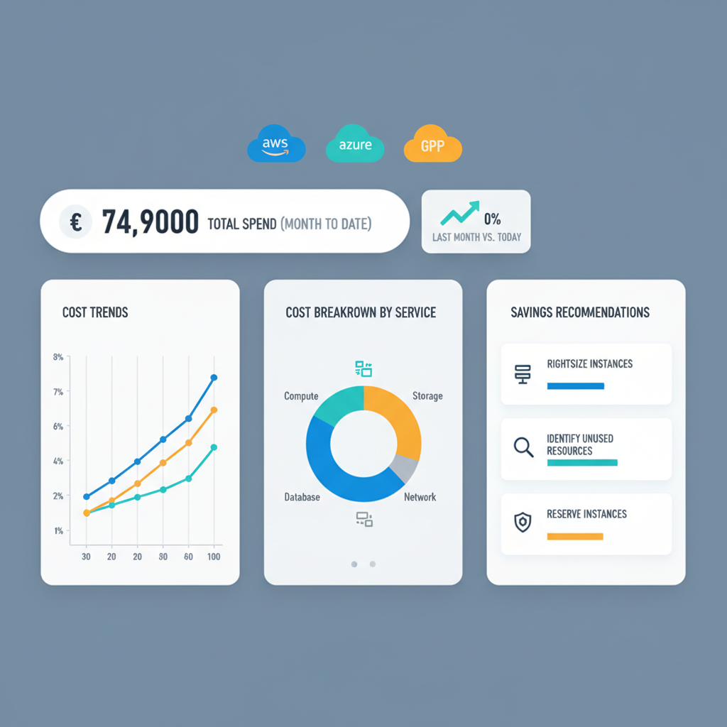 A dashboard screenshot of a generic multi-cloud cost management tool, showing consolidated spending across AWS, Azure, and GCP, with graphs for cost trends, cost breakdown by service, and recommendations for savings.