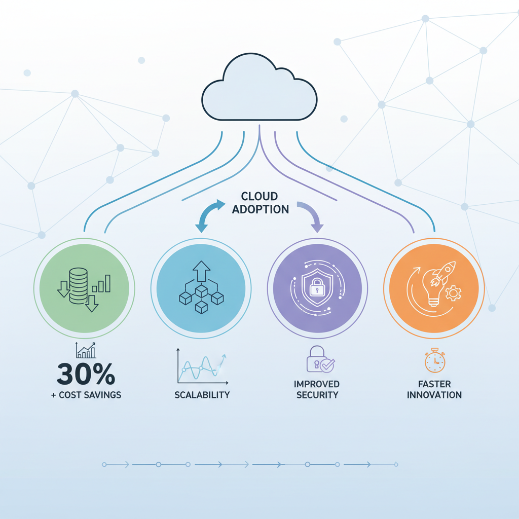 Infographic illustrating key benefits of Cloud Adoption such as cost savings, scalability, improved security, and faster innovation.