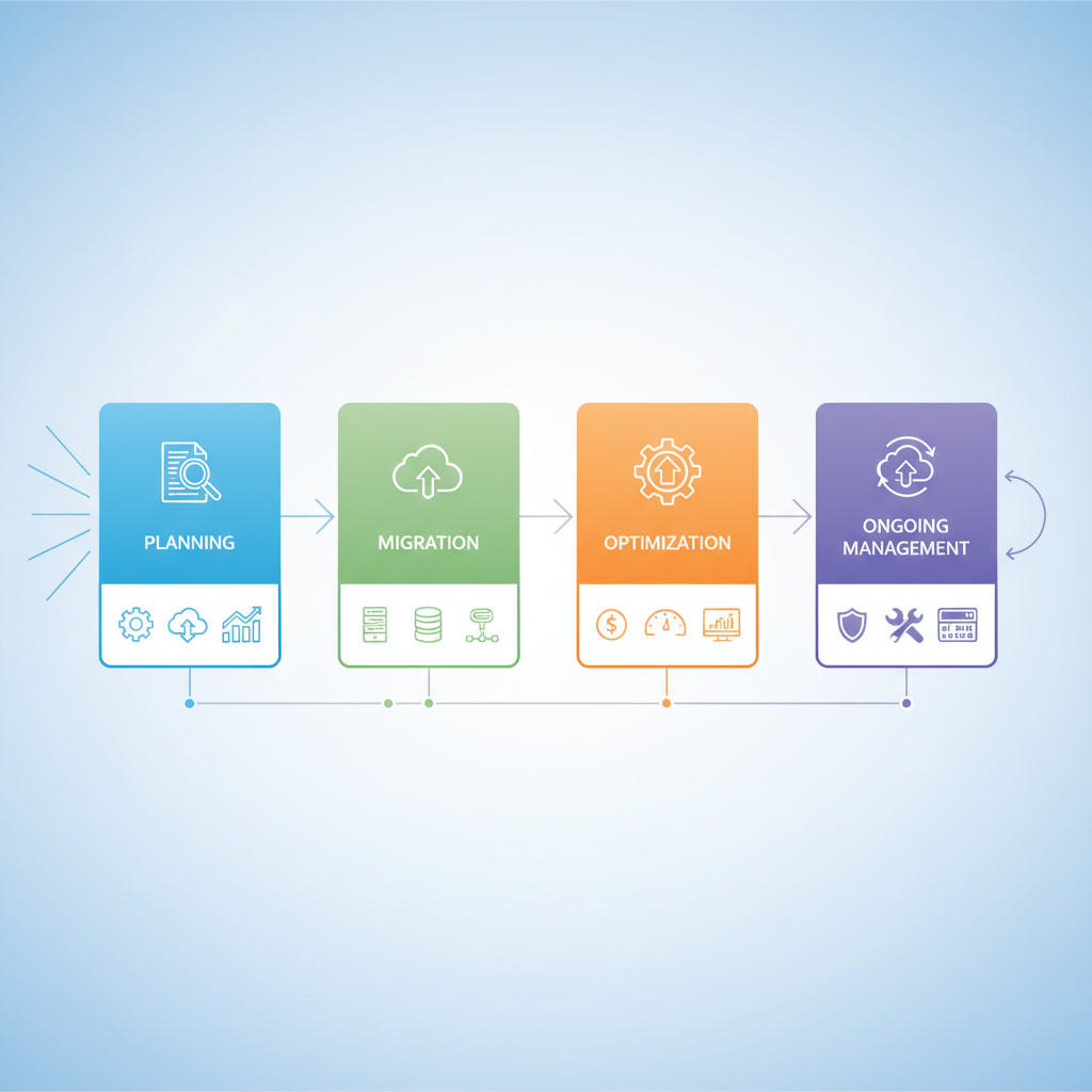 Flowchart depicting a typical cloud implementation roadmap with phases like planning, migration, optimization, and ongoing management.