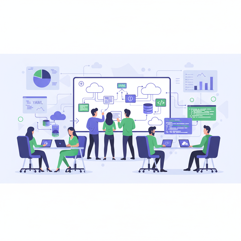 A diverse team of IT professionals collaboratively working on laptops and whiteboards in a modern office, demonstrating teamwork and digital transformation with IaC principles. Cloud diagrams and code snippets are visible on screens.