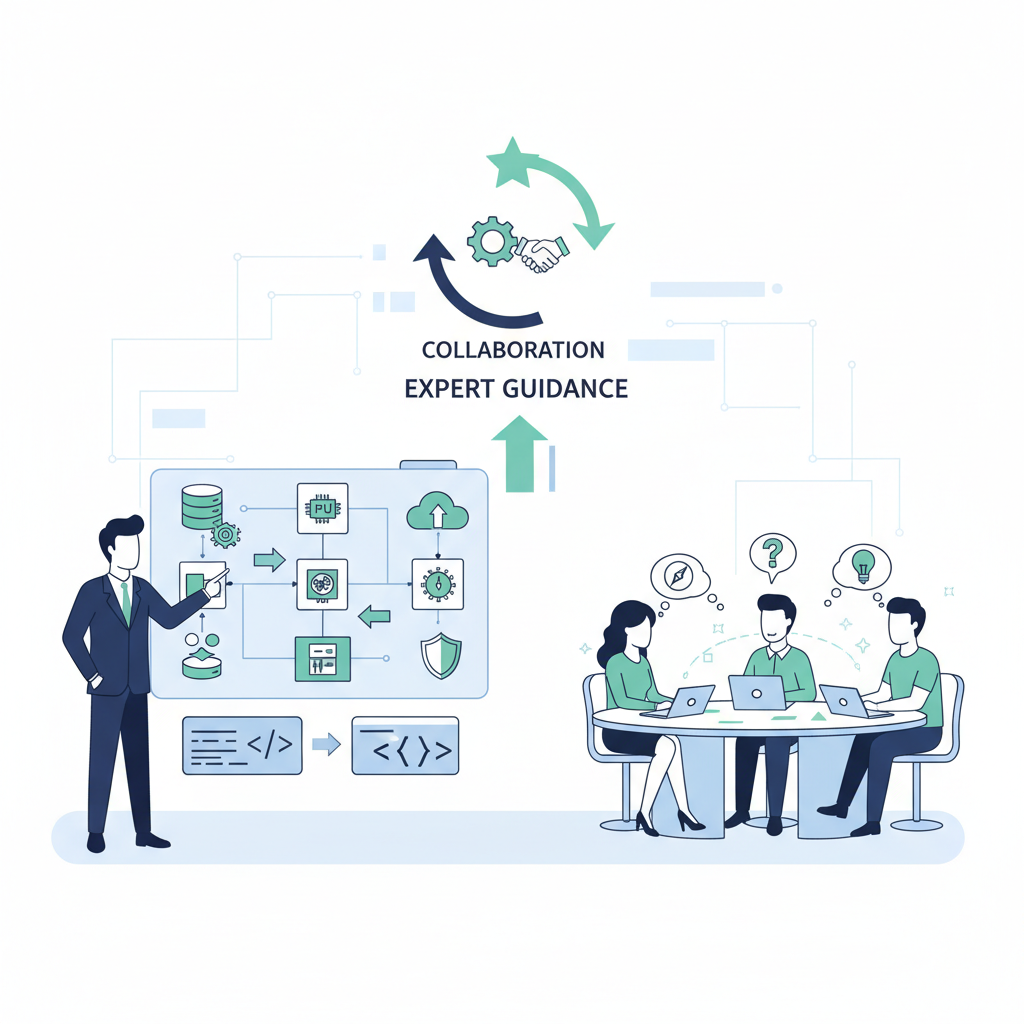 A consultant explaining complex cloud infrastructure diagrams and code to a client team during a meeting, emphasizing collaboration and expert guidance in iac management consulting.