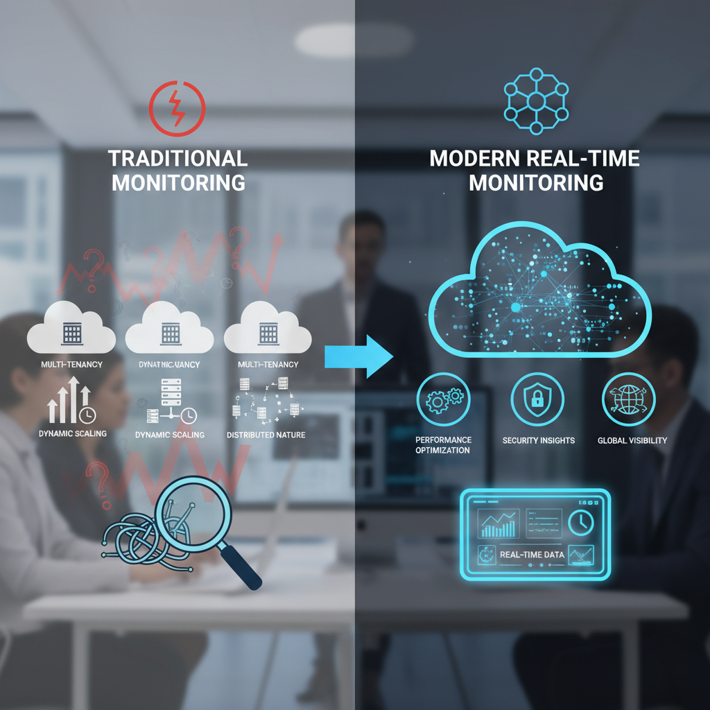 A detailed infographic illustrating the complexities of cloud environments (multi-tenancy, dynamic scaling, distributed nature) and how traditional monitoring struggles to adapt, while modern real-time monitoring solutions offer a comprehensive view.