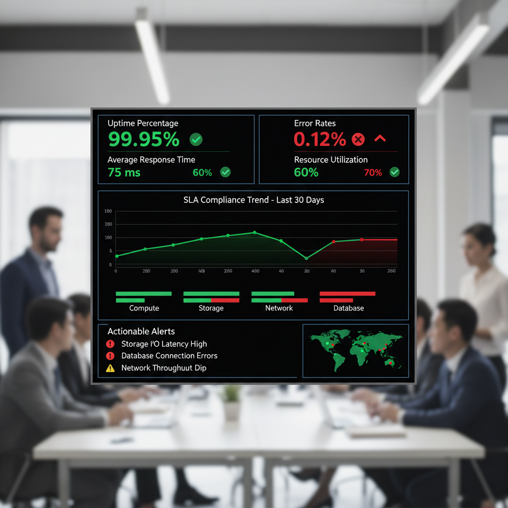 A dashboard displaying various real-time cloud SLA metrics such as uptime percentage, average response time, error rates, and resource utilization, with clear green/red indicators for SLA compliance and actionable alerts.