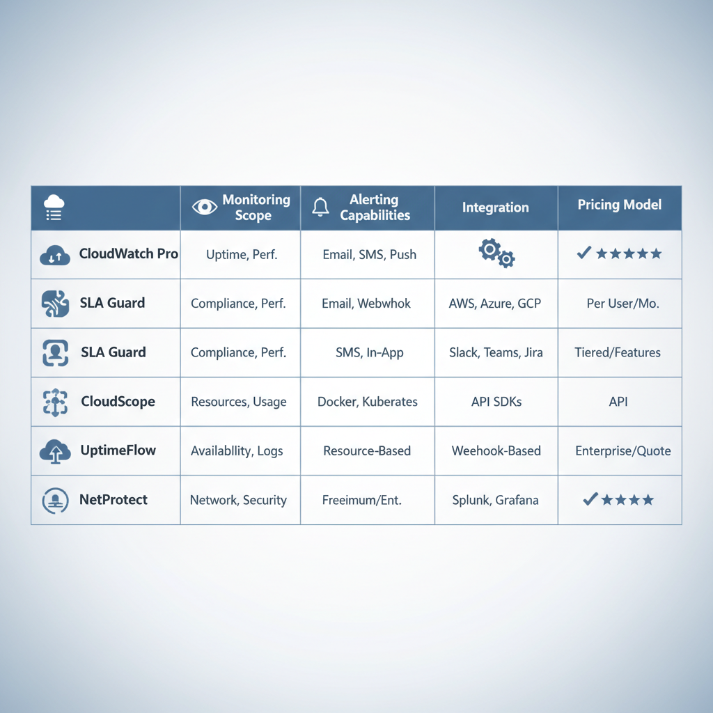 A comparative table or matrix showing different cloud SLA monitoring tools listed by name, with columns for key features like 'Monitoring Scope', 'Alerting Capabilities', 'Integration', 'Pricing Model', and a simple rating or checkmark system.