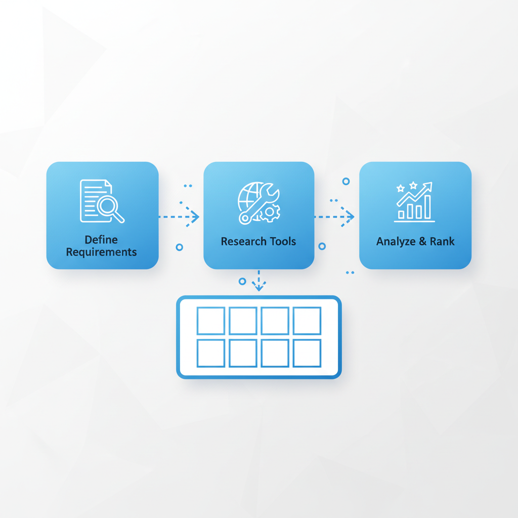 A conceptual diagram illustrating the steps of creating a comparison matrix, starting from 'Define Requirements' and leading through 'Research Tools' to 'Analyze & Rank', with arrows indicating flow.