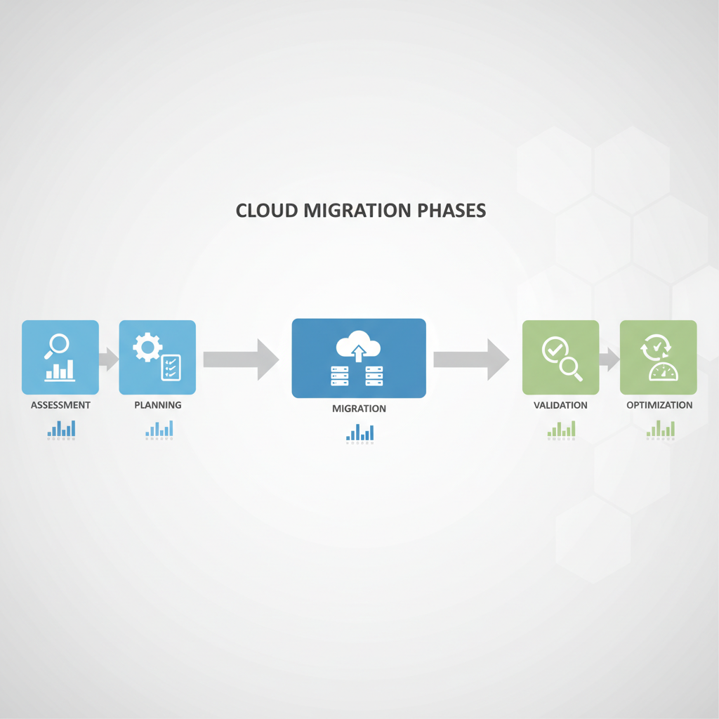 A flowchart illustrating the phases of cloud migration, starting with 'Assessment' and 'Planning', moving through 'Migration' and 'Validation', and ending with 'Optimization'.