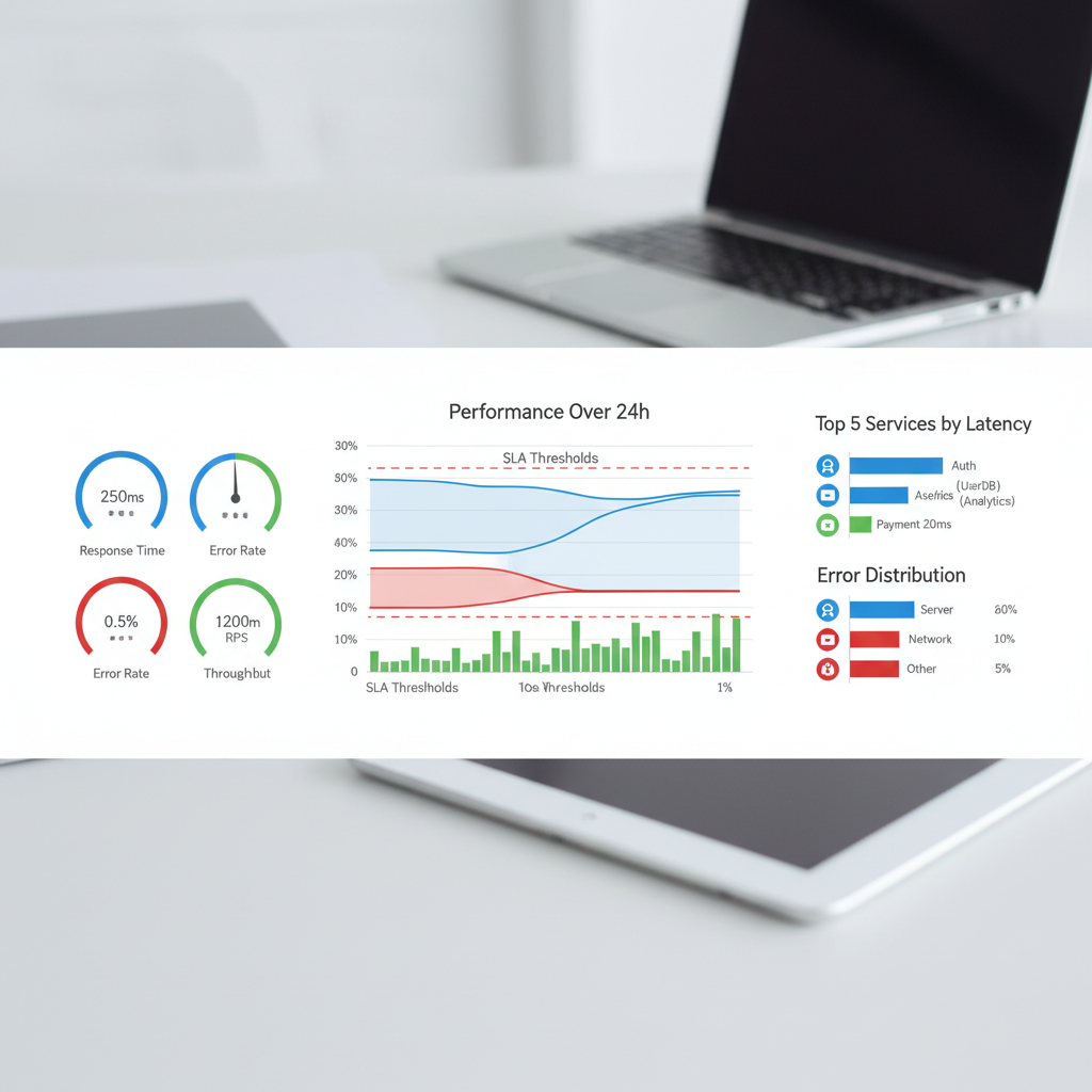 A dashboard showing various application performance metrics like response time, error rate, and throughput over time, with clear SLA thresholds marked on the graphs.