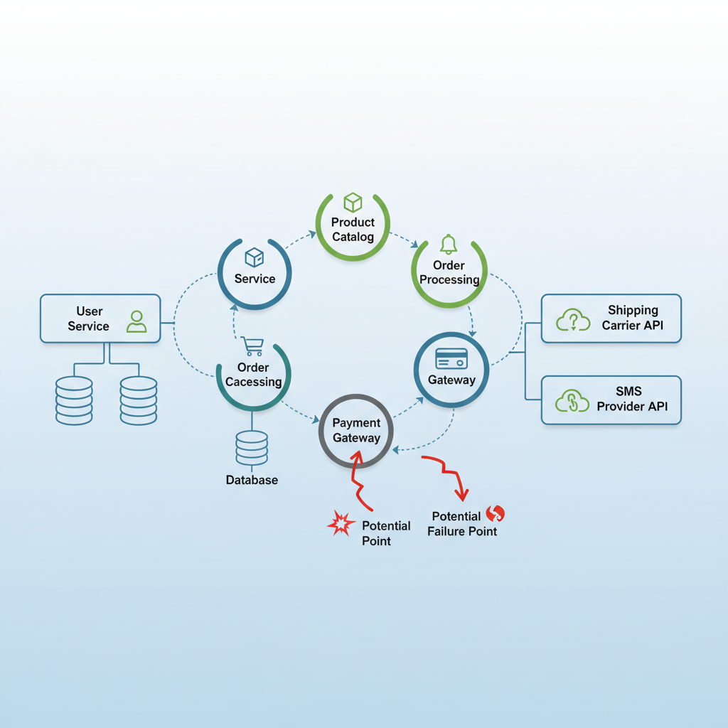 A diagram illustrating a microservices architecture with multiple interconnected services, databases, and external APIs, highlighting data flow and potential points of failure.