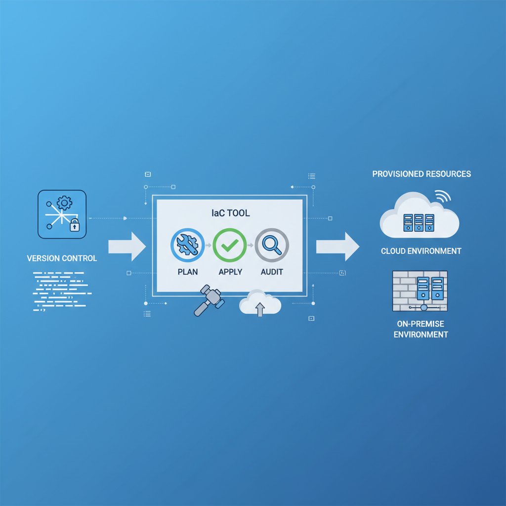 A diagram showing the IaC workflow, starting from code in version control, moving through an IaC tool, and finally provisioning resources in a cloud or on-premise environment.