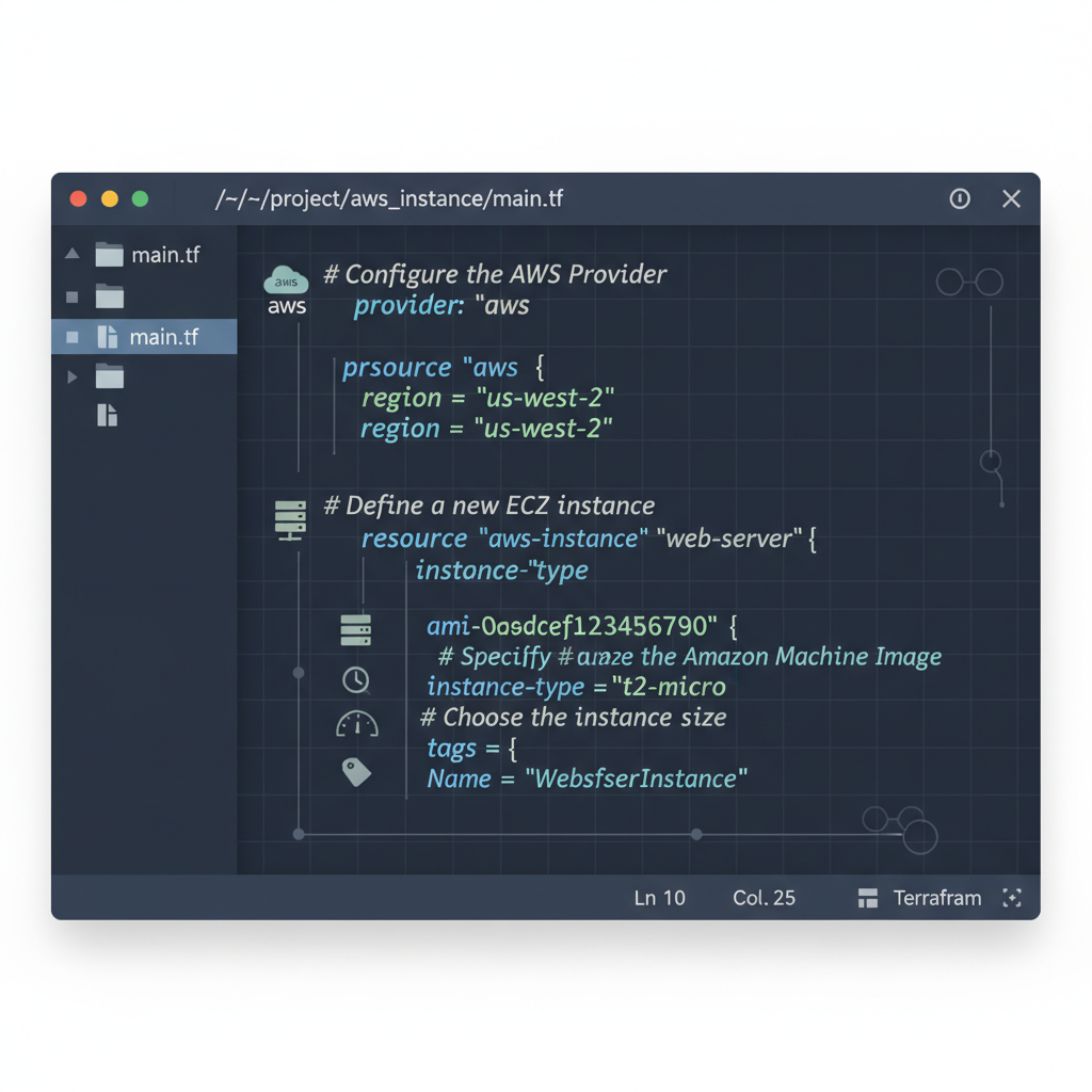 A screenshot of a code editor showing a simple Terraform configuration file defining an AWS EC2 instance, with comments explaining different sections.