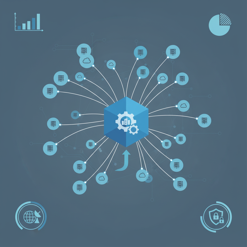 A map showing a central business location surrounded by smaller dots representing local cloud service providers, with lines connecting them to emphasize proximity and local support.