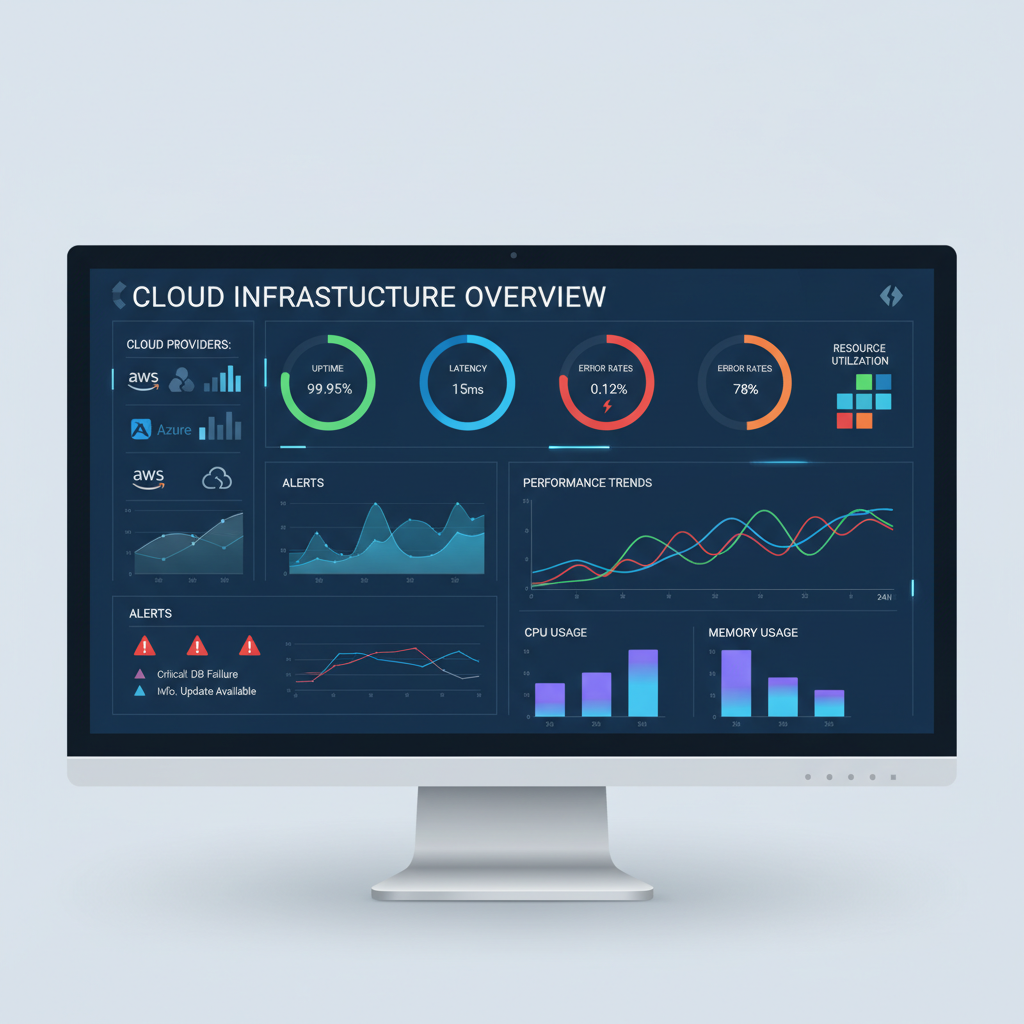A dashboard showing various cloud performance metrics and alerts, including uptime, latency, error rates, and resource utilization across multiple cloud providers.