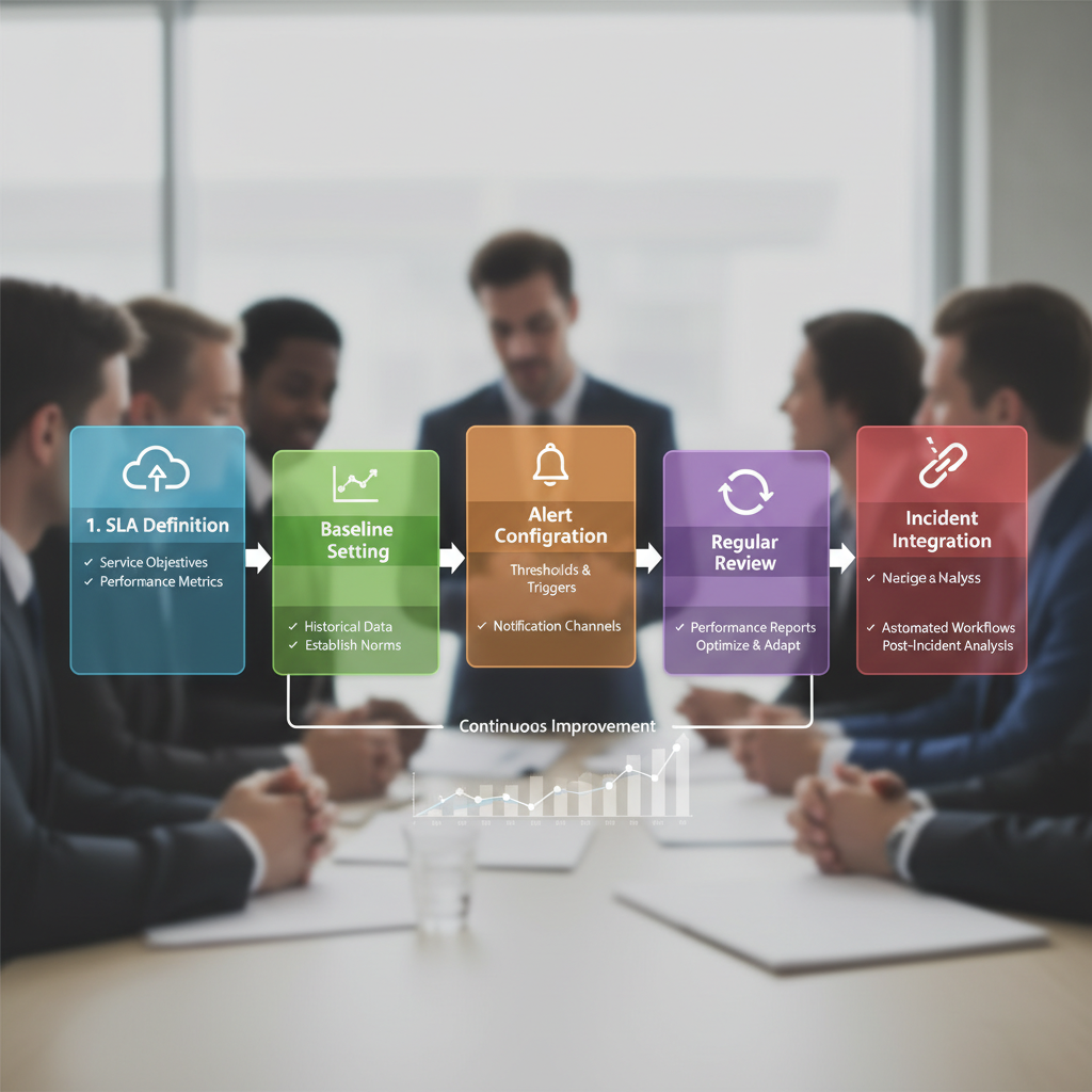 A flowchart illustrating the steps of implementing a cloud SLA monitoring strategy, including definition, baseline setting, alert configuration, regular review, and incident integration.