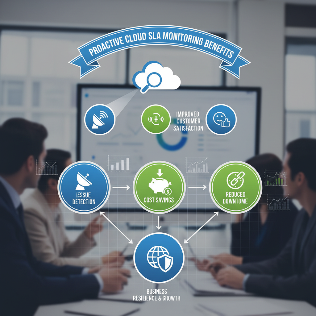 An infographic illustrating the benefits of proactive cloud SLA monitoring, showing arrows pointing from early issue detection to improved customer satisfaction, cost savings, and reduced downtime.