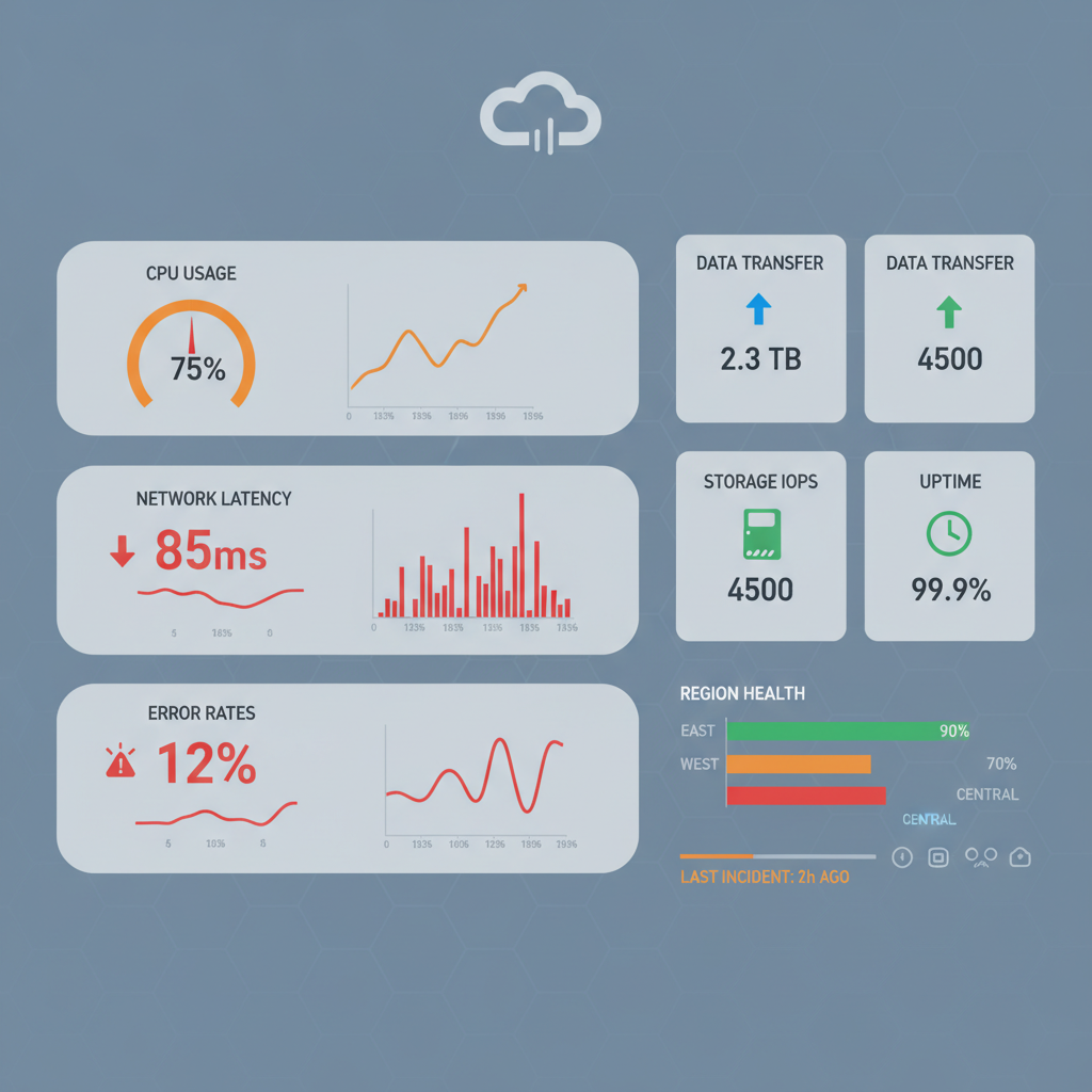 A dashboard showing various cloud performance metrics, including CPU usage, network latency, and error rates, with some metrics highlighted in red or amber to indicate potential issues.