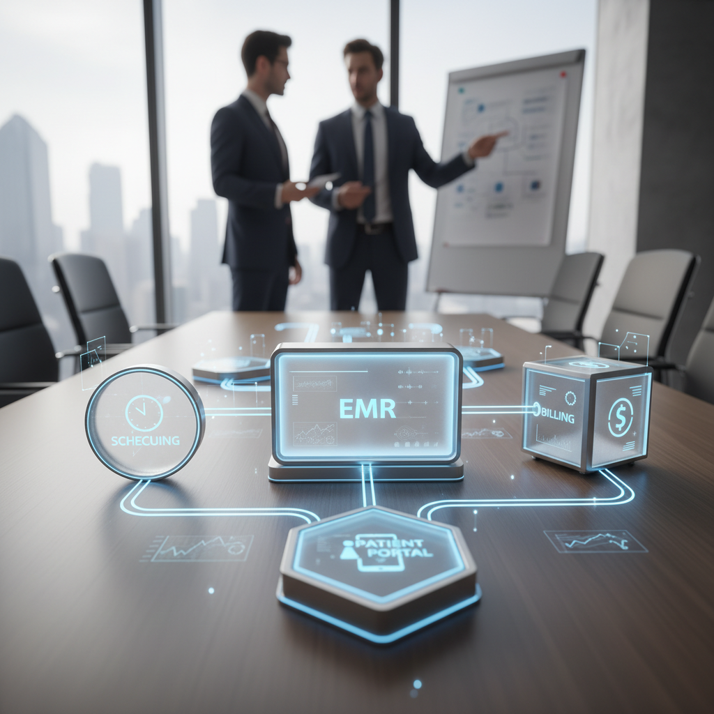 A diagram showing various interconnected modules of a custom healthcare software solution, such as EMR, scheduling, billing, and patient portal, flowing seamlessly together.