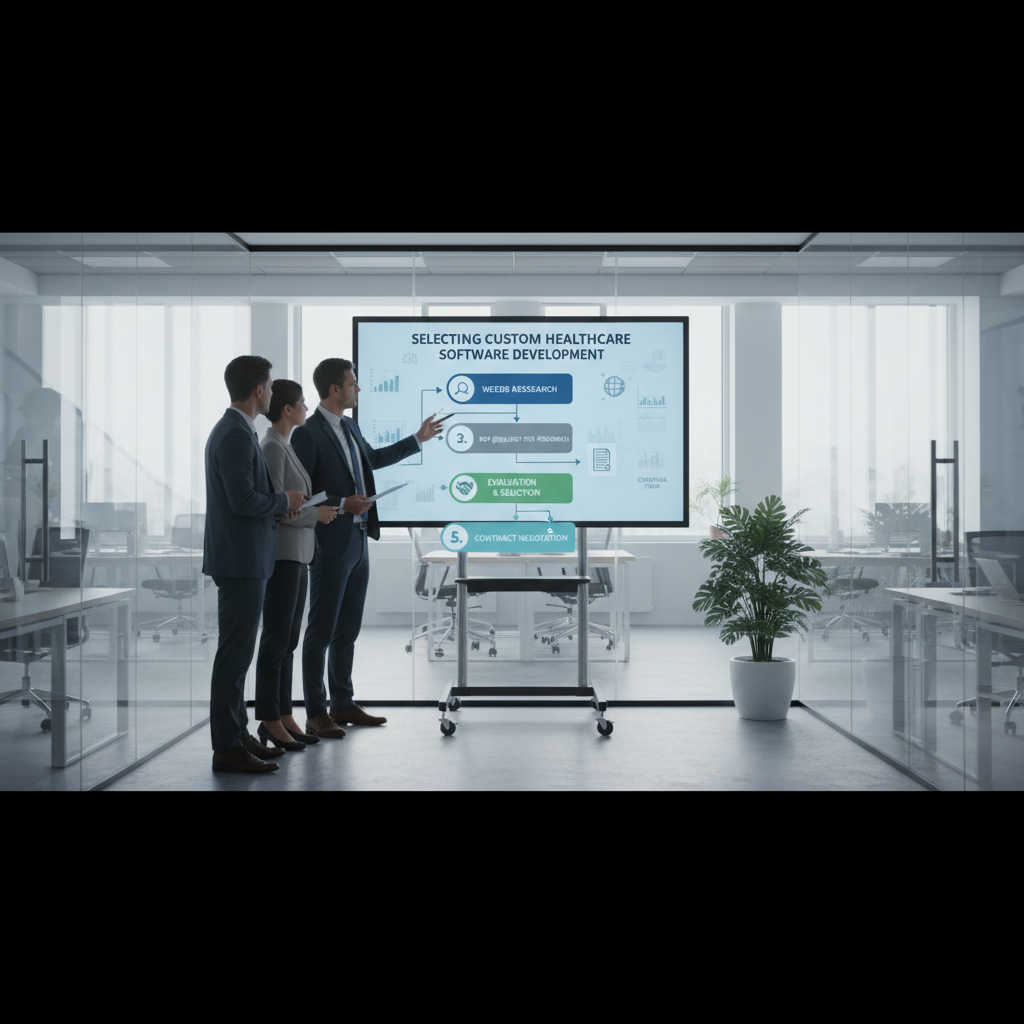 A flowchart illustrating the key steps in selecting a custom healthcare software development service provider, including needs assessment, vendor research, RFP, evaluation, and contract negotiation.