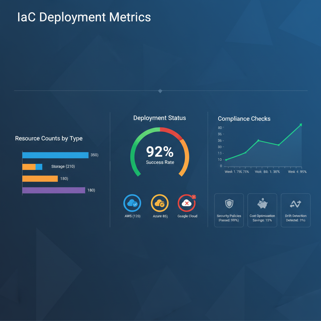 A dashboard showing various metrics and graphs related to IaC deployments, including deployment status, resource counts, and compliance checks across multiple cloud providers.