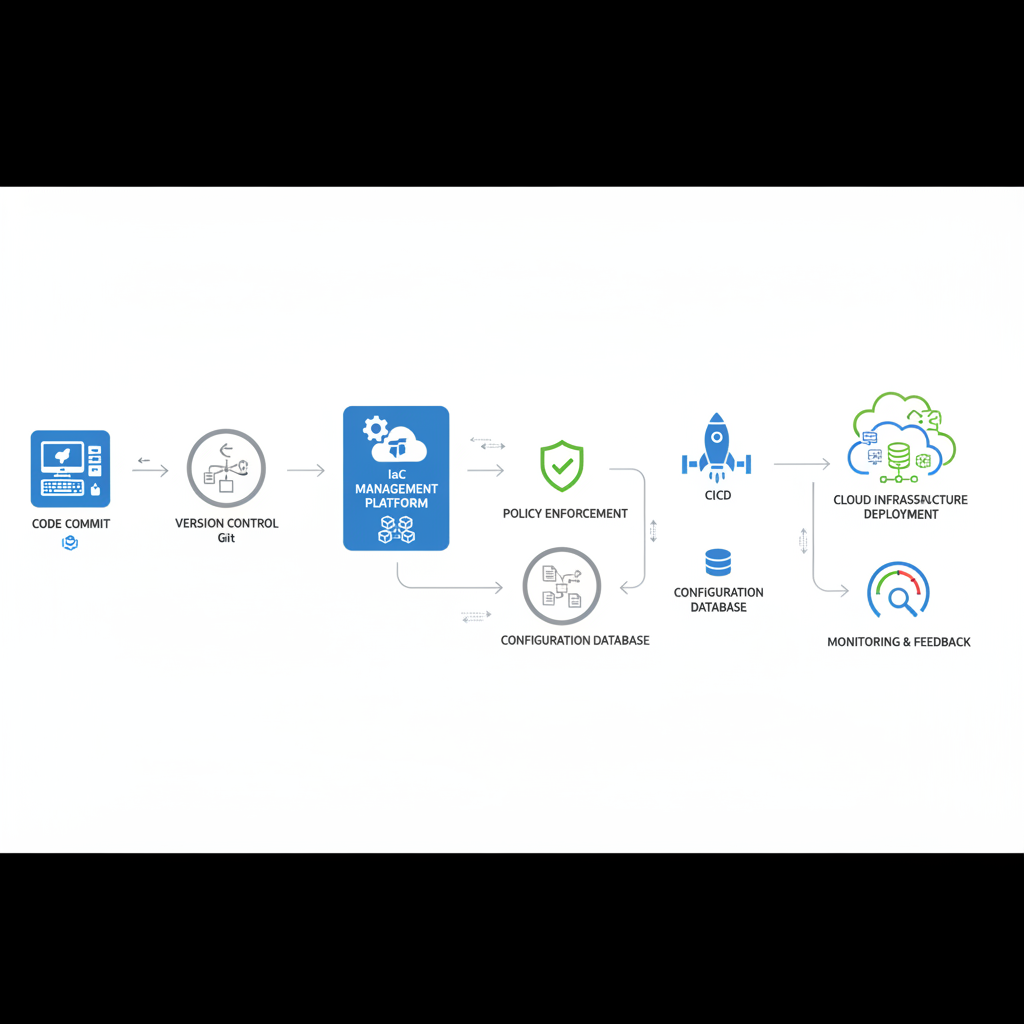 A flowchart depicting the IaC delivery pipeline, starting from code commit, through version control, IaC management platform, policy enforcement, CI/CD, and finally to cloud infrastructure deployment and monitoring.