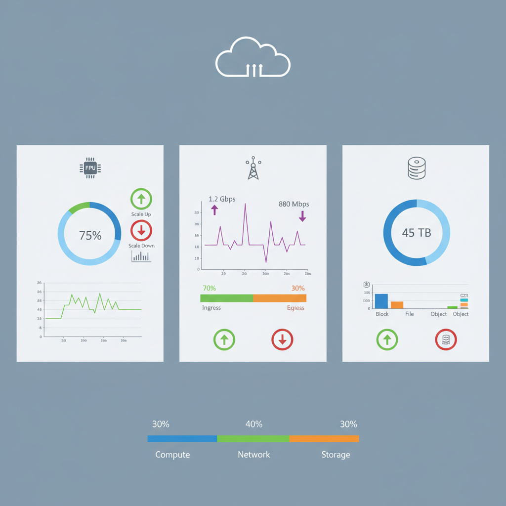 A dashboard showing various cloud service metrics like CPU usage, network traffic, and storage, with indicators for scaling up or down based on demand.