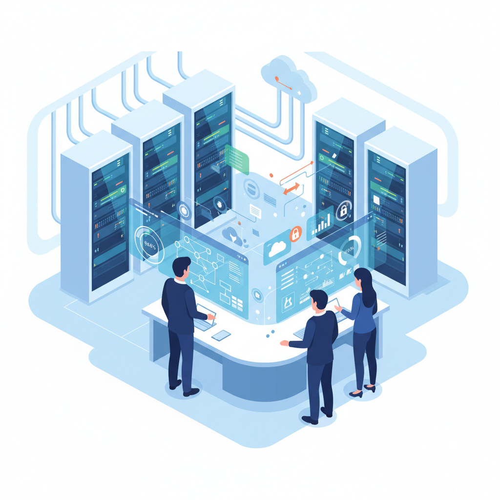 A team of IT professionals collaboratively working in a modern data center or office setting, looking at multiple screens displaying network diagrams and performance metrics.