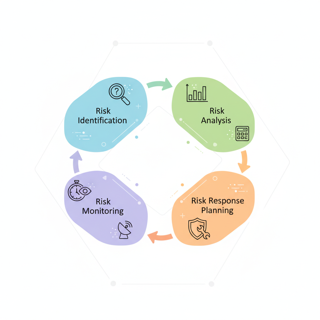 A flowchart illustrating the stages of risk management: Risk Identification, Risk Analysis, Risk Response Planning, Risk Monitoring, with arrows connecting them in a loop.