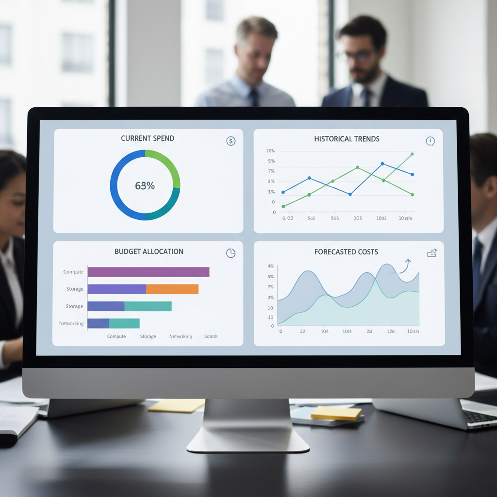 A dashboard showing various cloud cost metrics, including current spend, historical trends, budget allocation, and forecasted costs, with different colored charts and graphs for easy visualization.