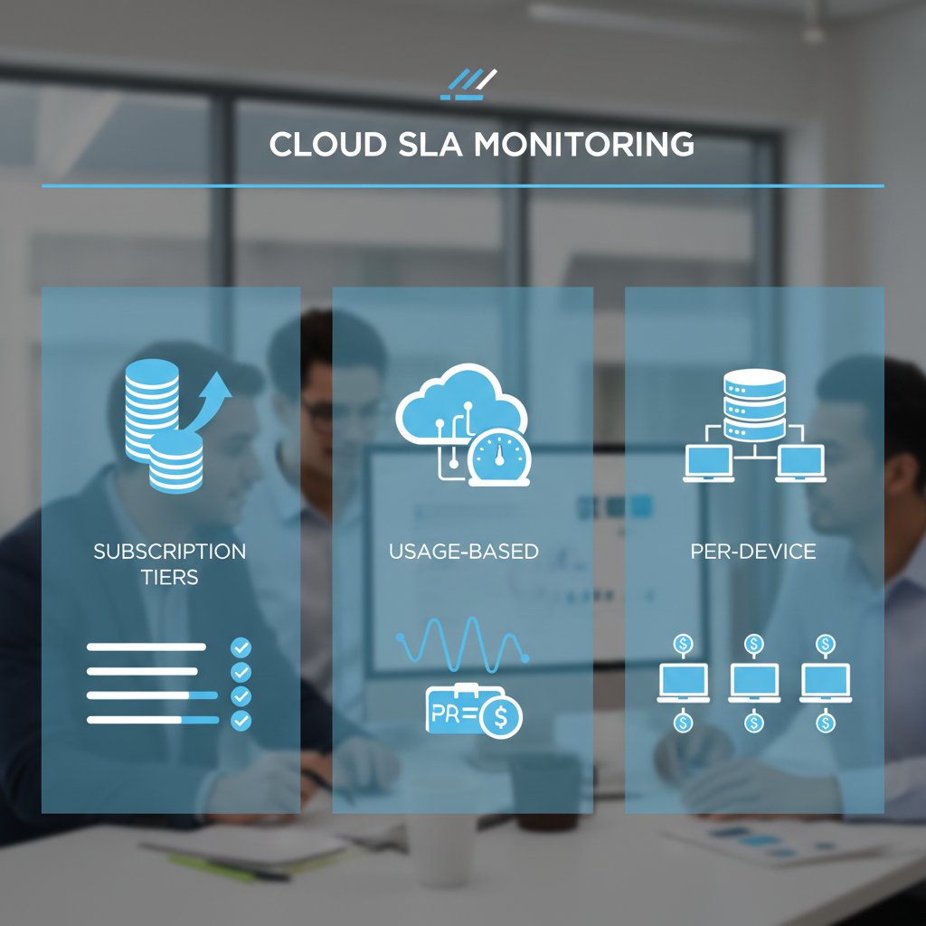 An infographic illustrating different pricing models for cloud SLA monitoring, such as subscription tiers, usage-based billing, and per-device costs, with icons representing each model.
