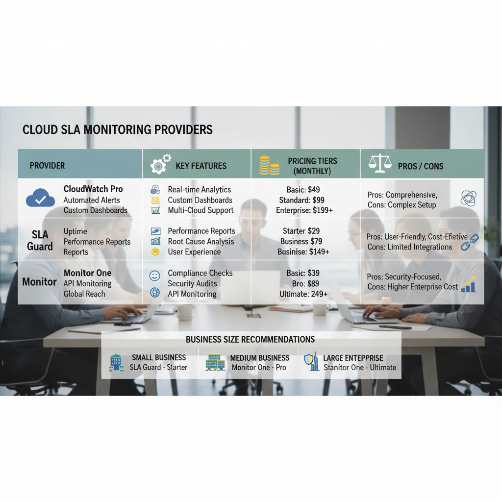 A comparative table or chart illustrating different cloud SLA monitoring providers, their key features, and typical pricing tiers, highlighting pros and cons for various business sizes.