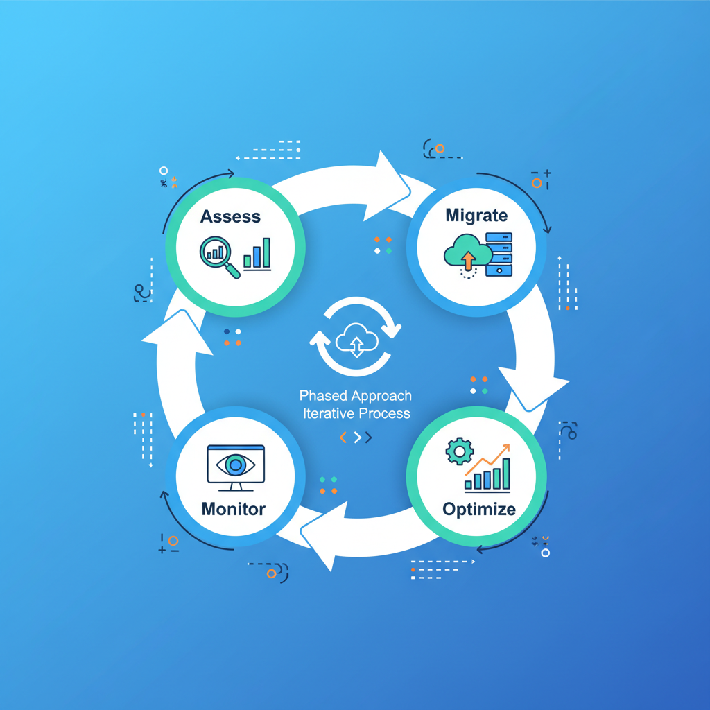 A diagram showing a continuous improvement loop for cloud migration, with stages like 