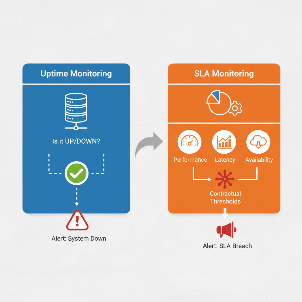 A diagram contrasting uptime monitoring with SLA monitoring, showing uptime as a binary check and SLA monitoring as a check against multiple performance metrics and contractual thresholds. Arrows show alerts for both scenarios.