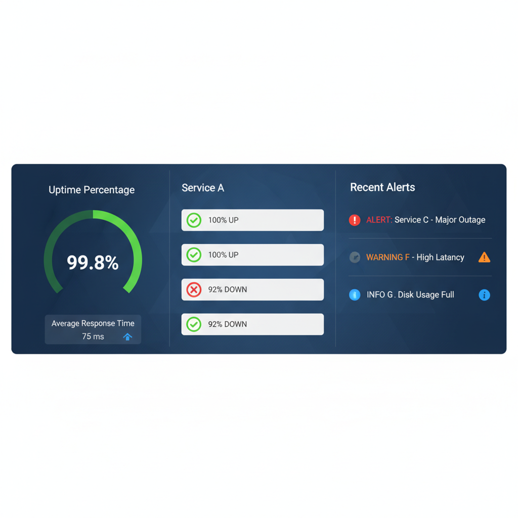 A dashboard screenshot showing real-time uptime percentages, average response times, and a list of recent alerts for various monitored services, highlighting green 'up' statuses and red 'down' alerts.