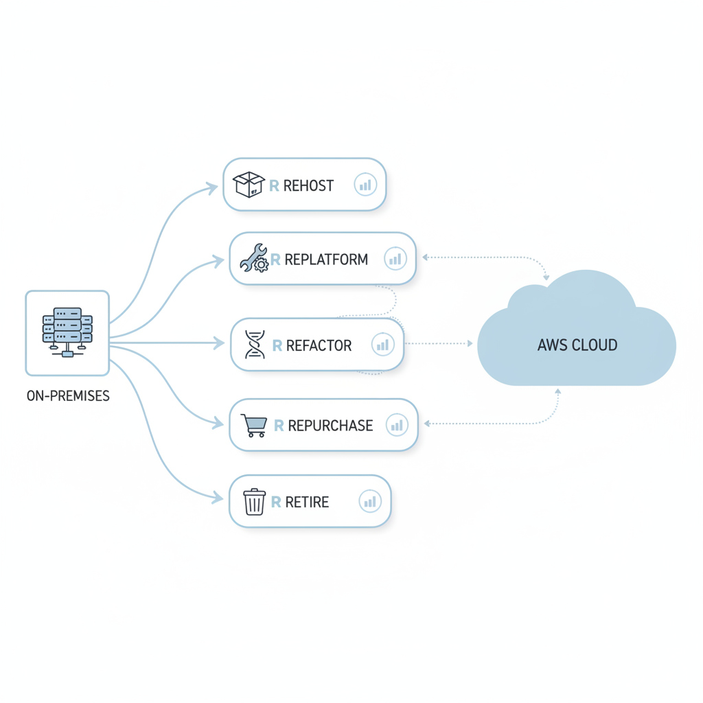 A flowchart illustrating the AWS 6 R's migration strategies, showing arrows from on-premises to AWS cloud with each 'R' (Rehost, Replatform, Refactor, Repurchase, Retain, Retire) as a distinct path.